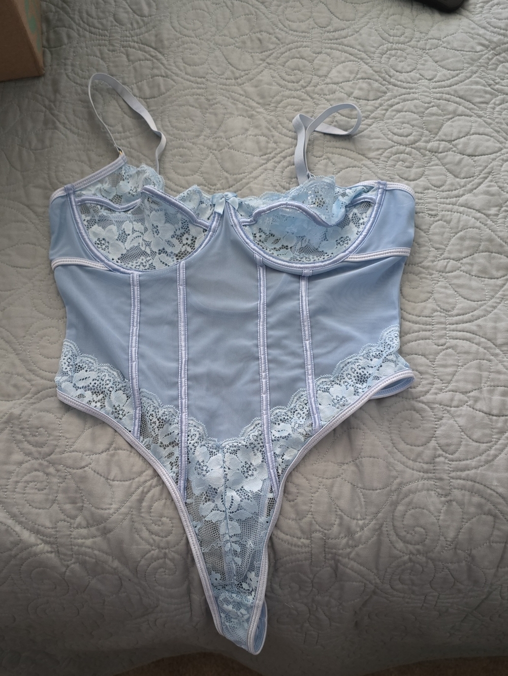 Baby blue thong bodysuit Wuth Light Blue Lace Detail with all sheer material.